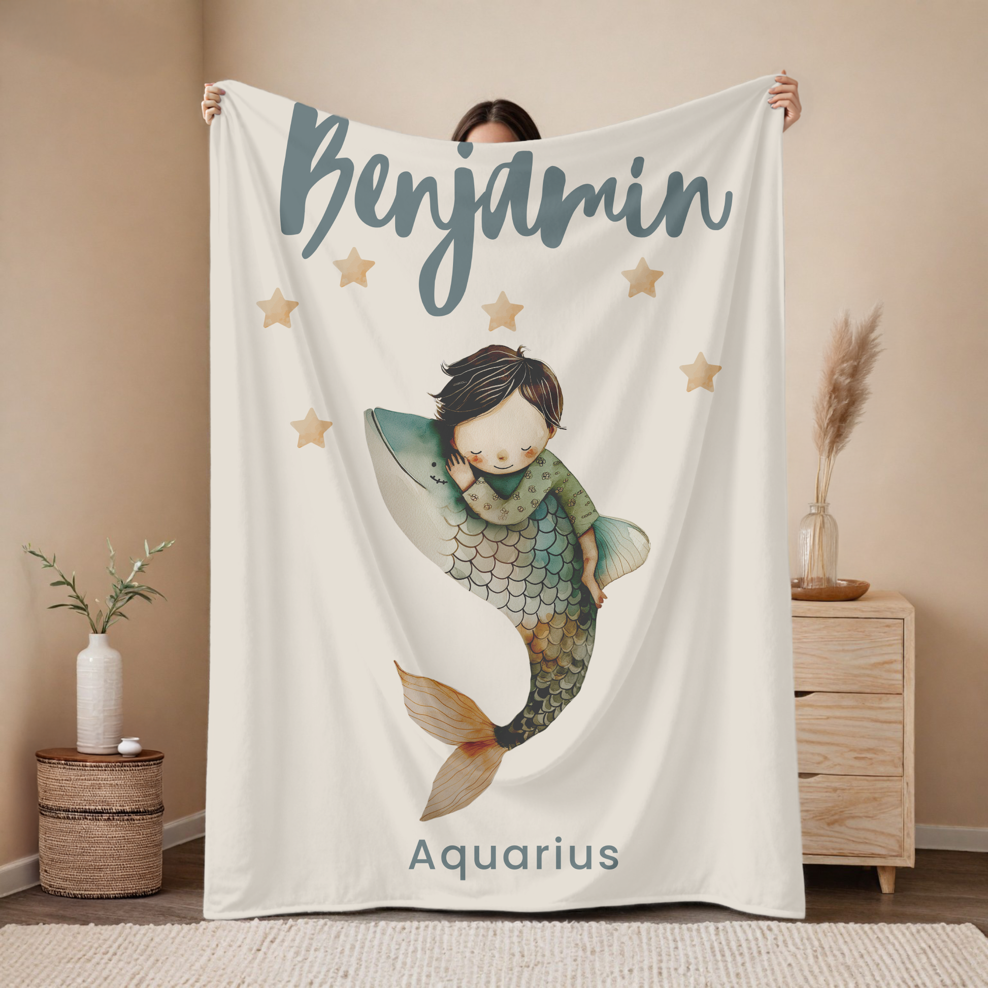 Personalized Aquarius zodiac baby blanket with custom name, astrology baby gift for newborn