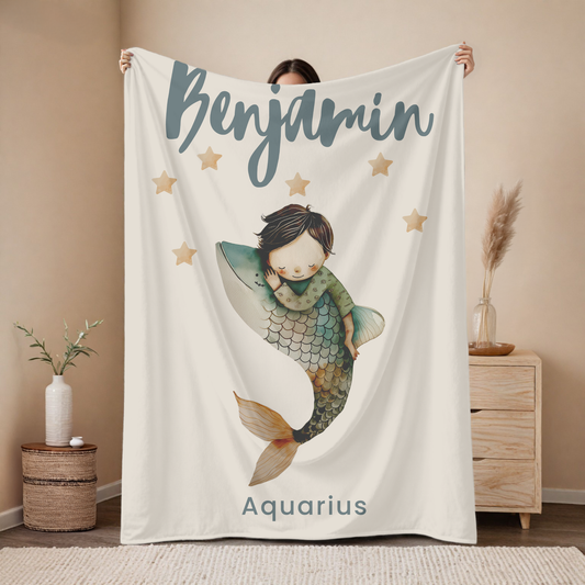 Personalized Aquarius zodiac baby blanket with custom name, astrology baby gift for newborn