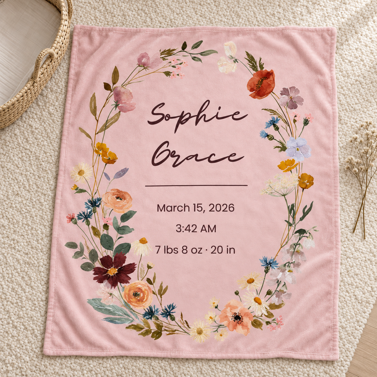 Personalized Wildflower Baby Blanket – Summer Wildflower Birth Stats Design