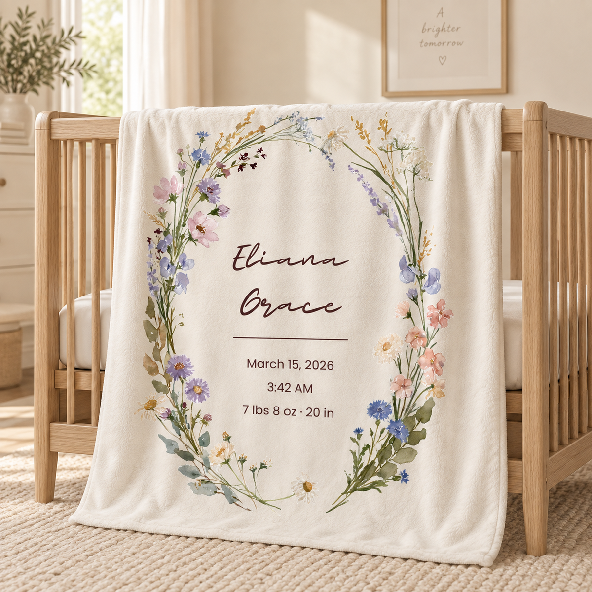 Personalized Wildflower Baby Blanket – Lavender Dream Birth Stats Design