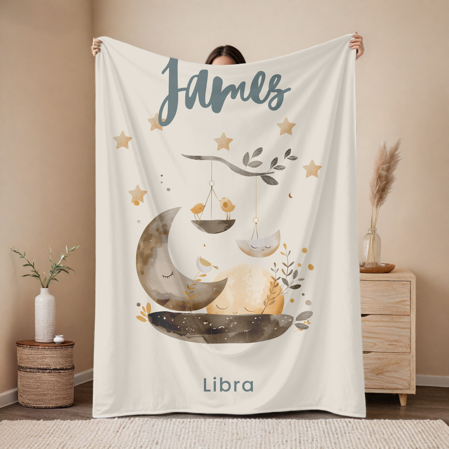 Personalized Libra zodiac baby blanket with custom name, astrology baby gift for newborn