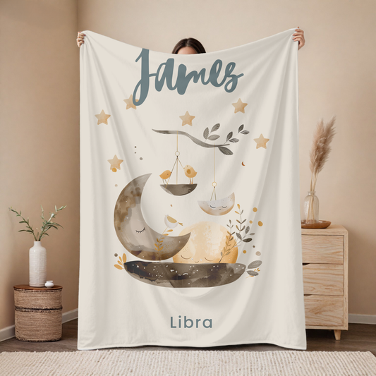Personalized Libra zodiac baby blanket with custom name, astrology baby gift for newborn