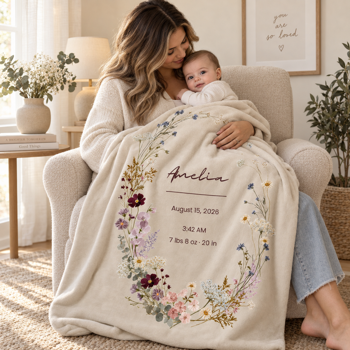 Personalized Wildflower Baby Blanket – Midnight Bloom Birth Stats Design