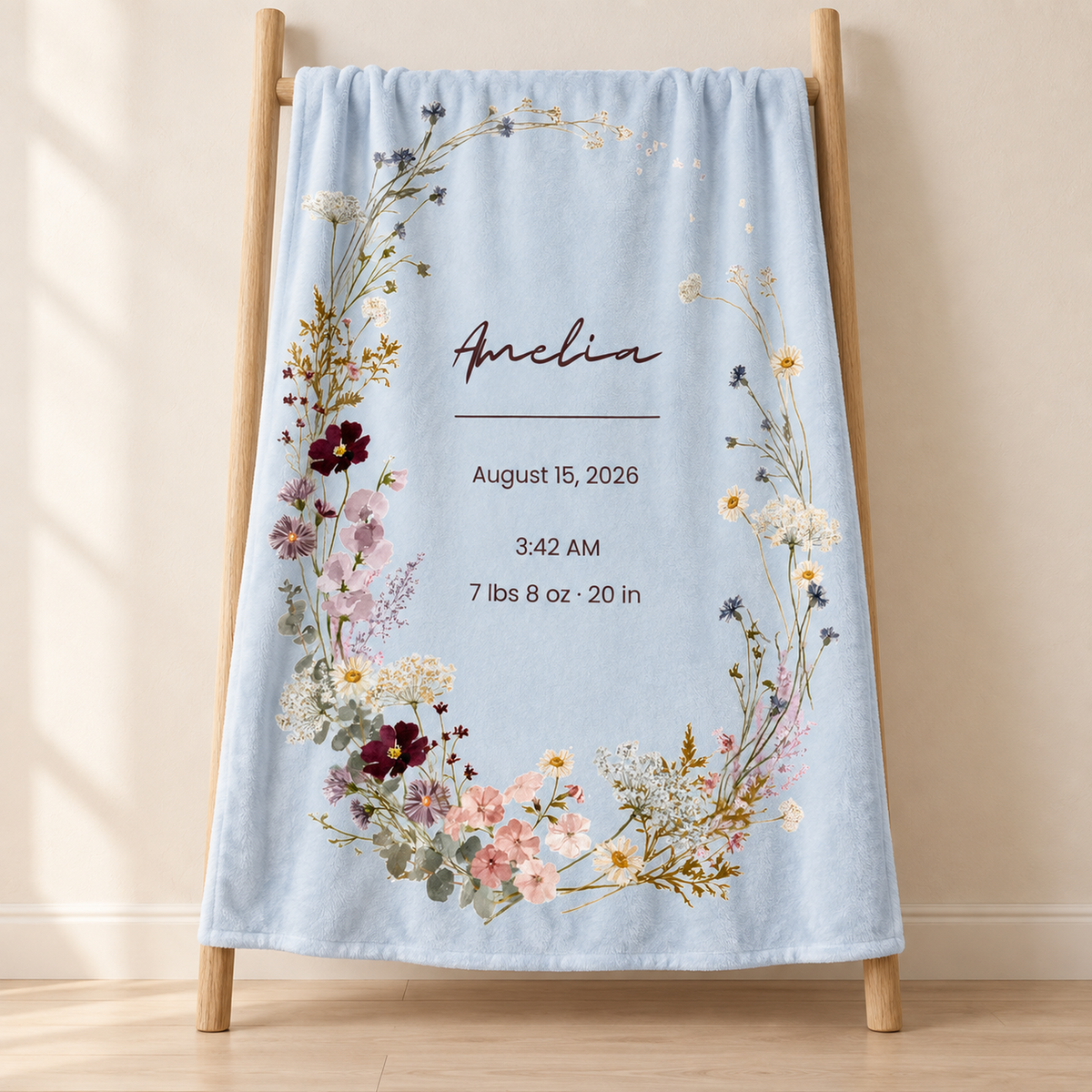 Personalized Wildflower Baby Blanket – Midnight Bloom Birth Stats Design