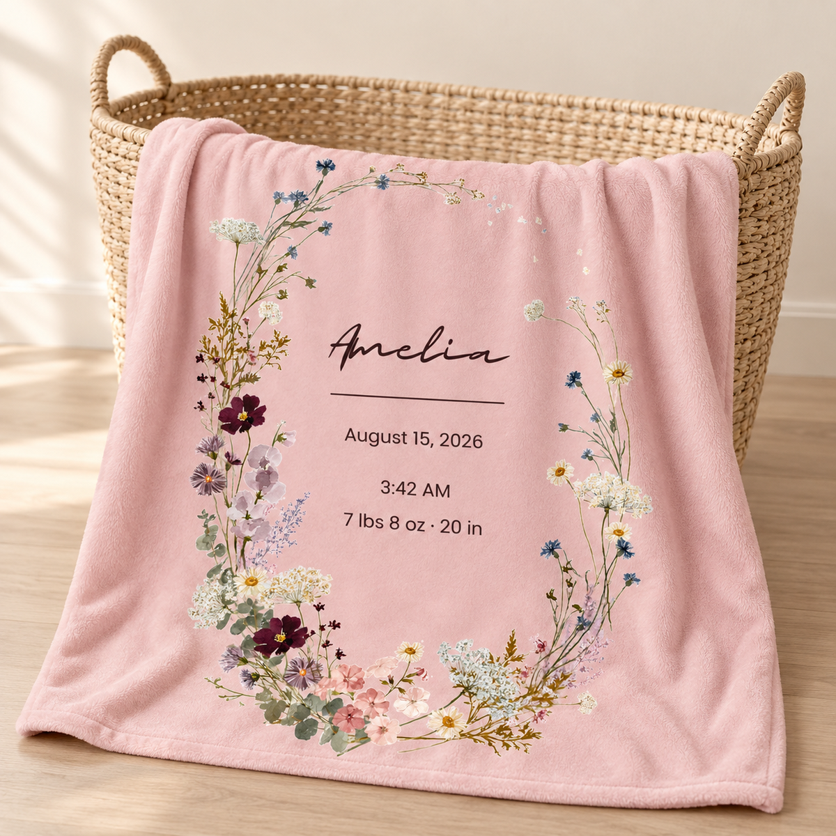 Personalized Wildflower Baby Blanket – Midnight Bloom Birth Stats Design