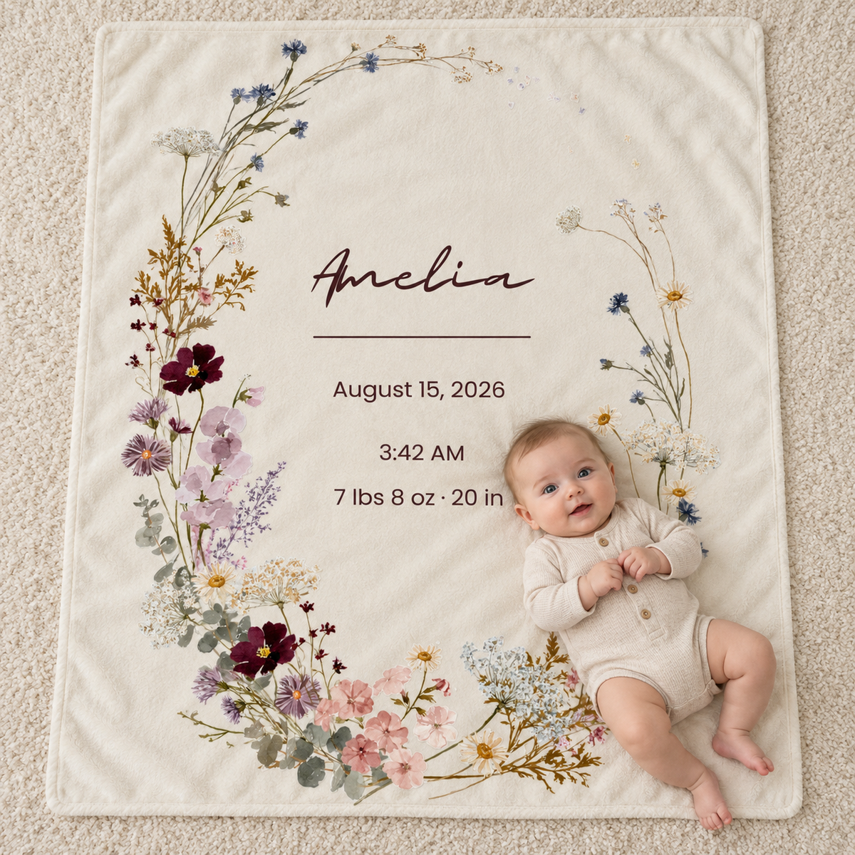 Personalized Wildflower Baby Blanket – Midnight Bloom Birth Stats Design