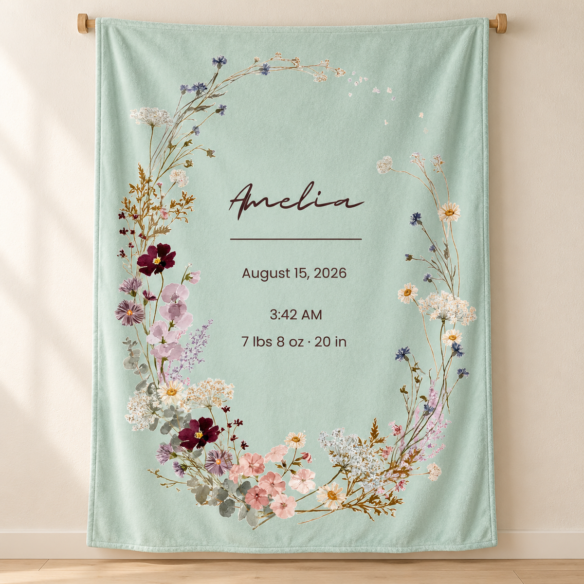 Personalized Wildflower Baby Blanket – Midnight Bloom Birth Stats Design