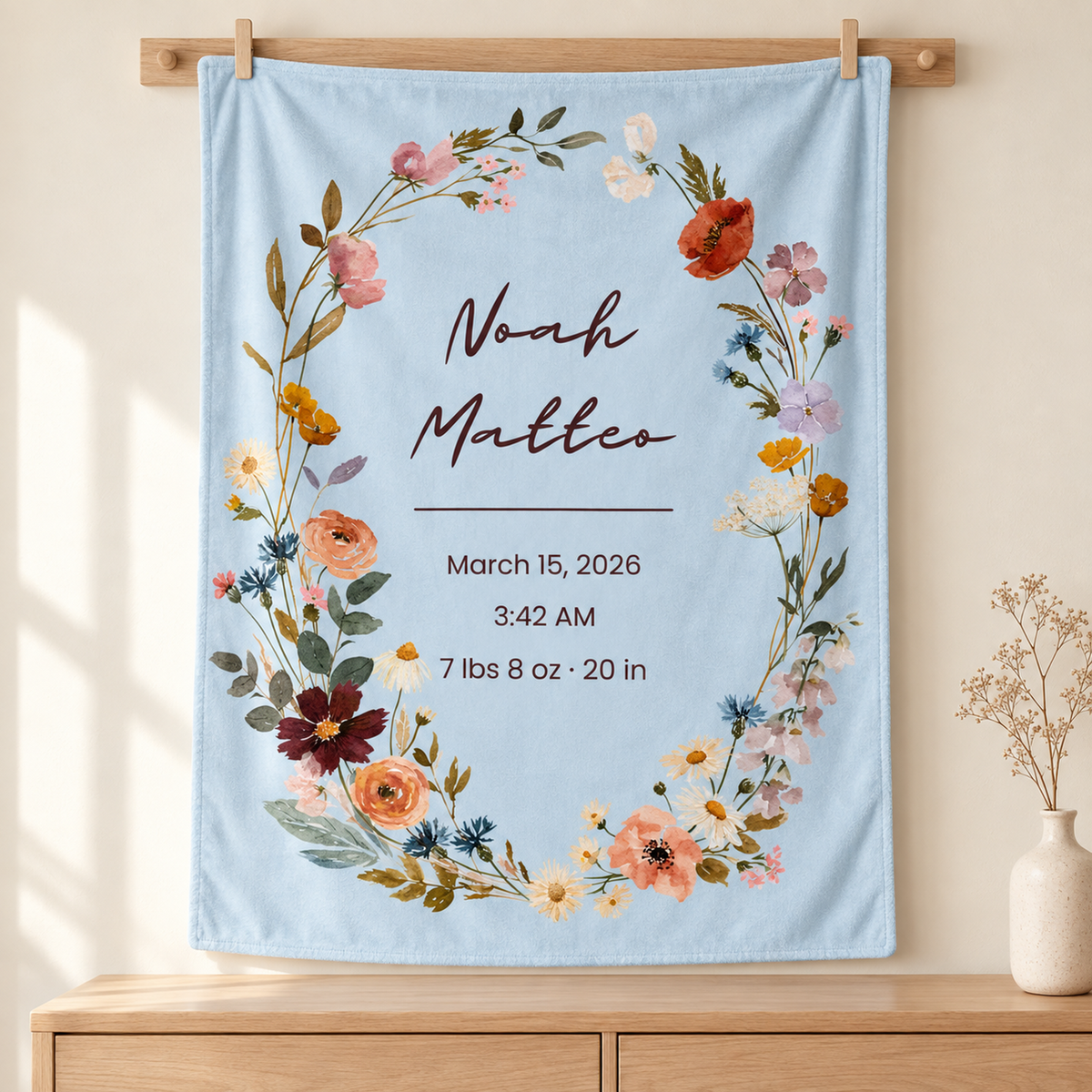 Personalized Wildflower Baby Blanket – Summer Wildflower Birth Stats Design
