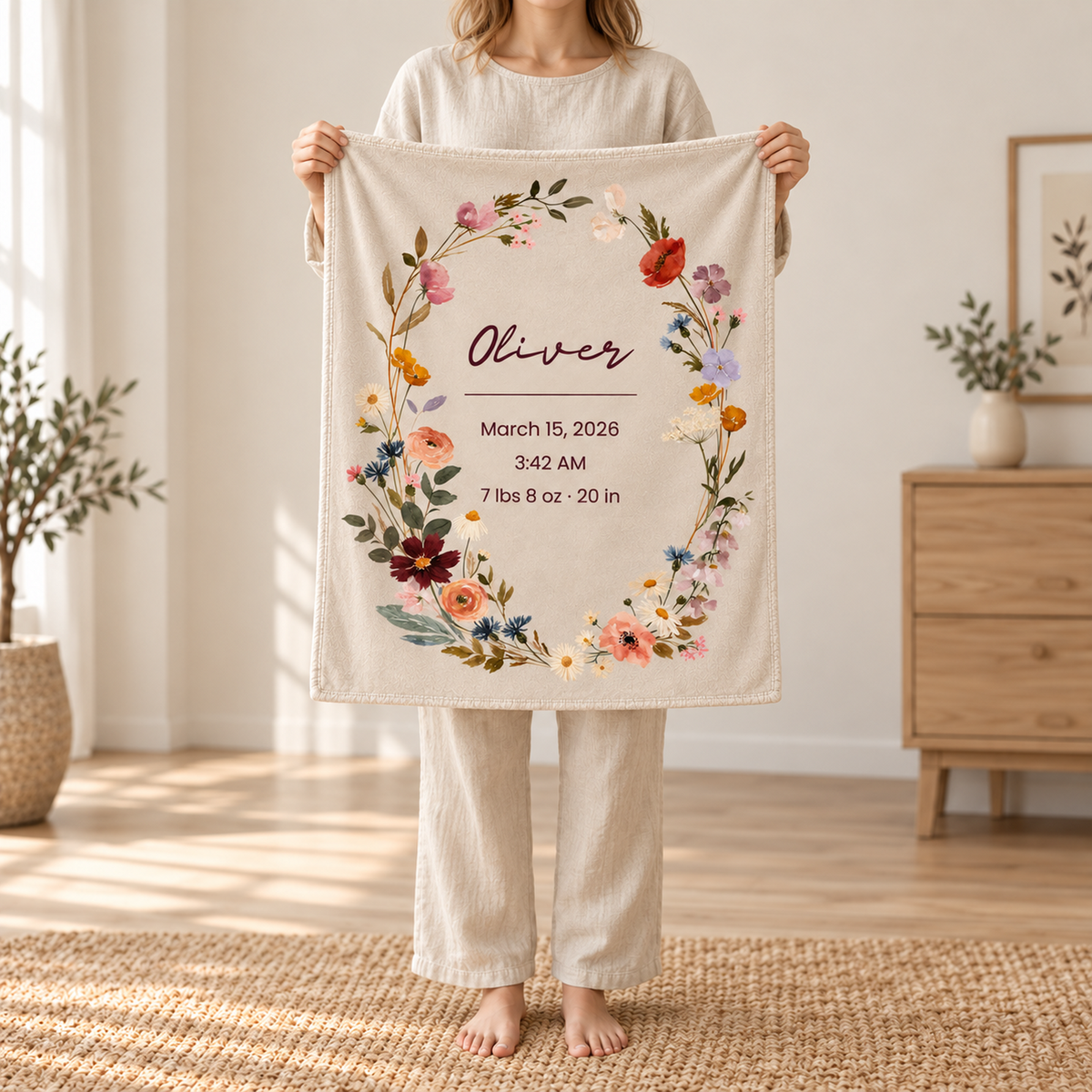 Personalized Wildflower Baby Blanket – Summer Wildflower Birth Stats Design