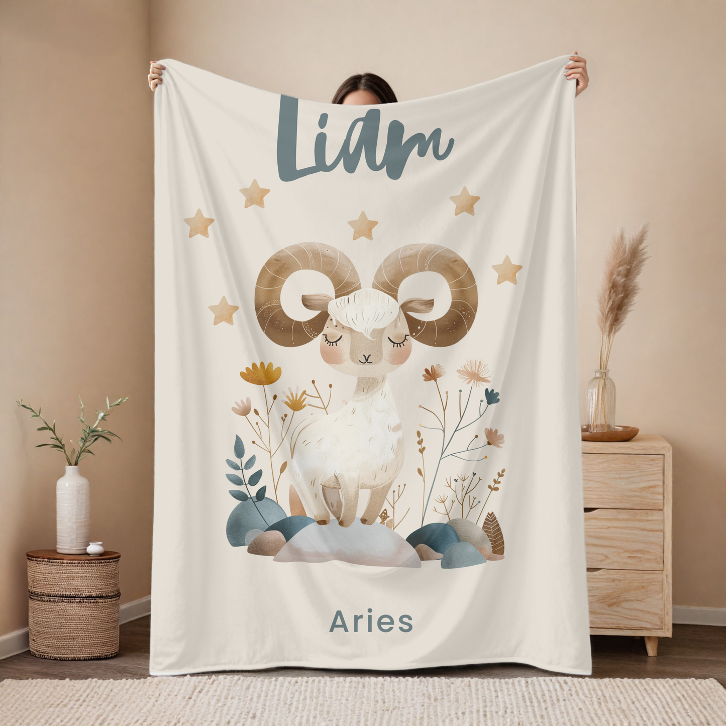 Personalized Aries zodiac baby blanket with custom name, astrology baby gift for newborn