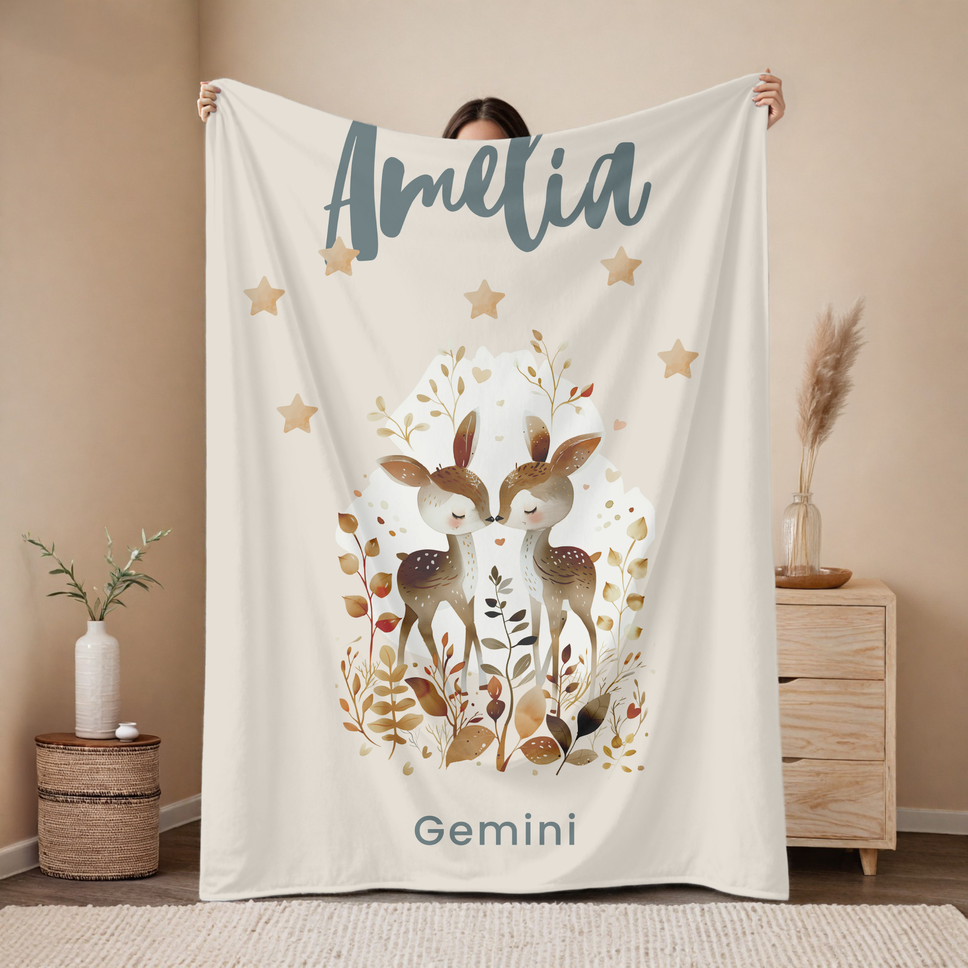 Personalized Gemini zodiac baby blanket with custom name, astrology baby gift for newborn
