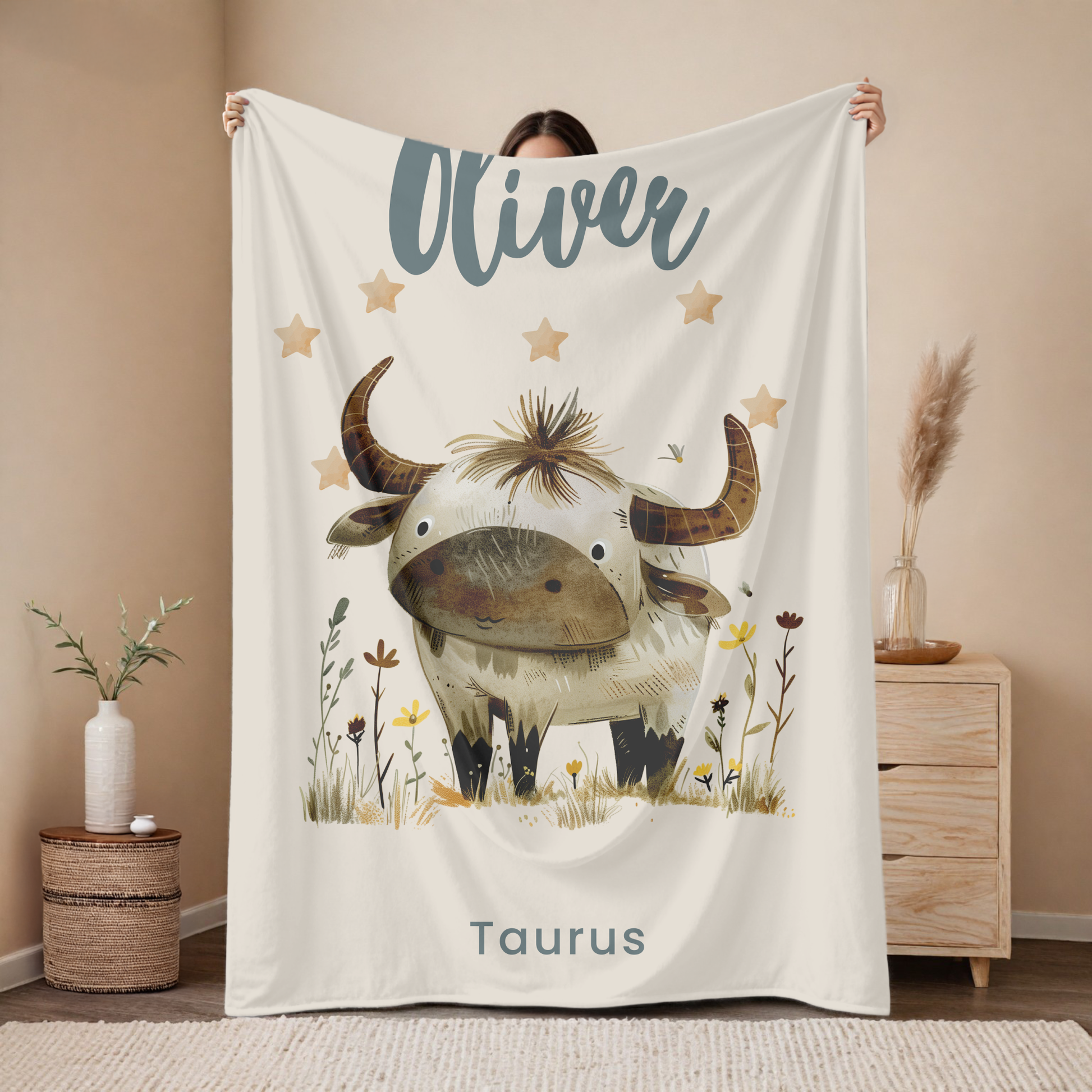 Personalized Taurus zodiac baby blanket with custom name, astrology baby gift for newborn