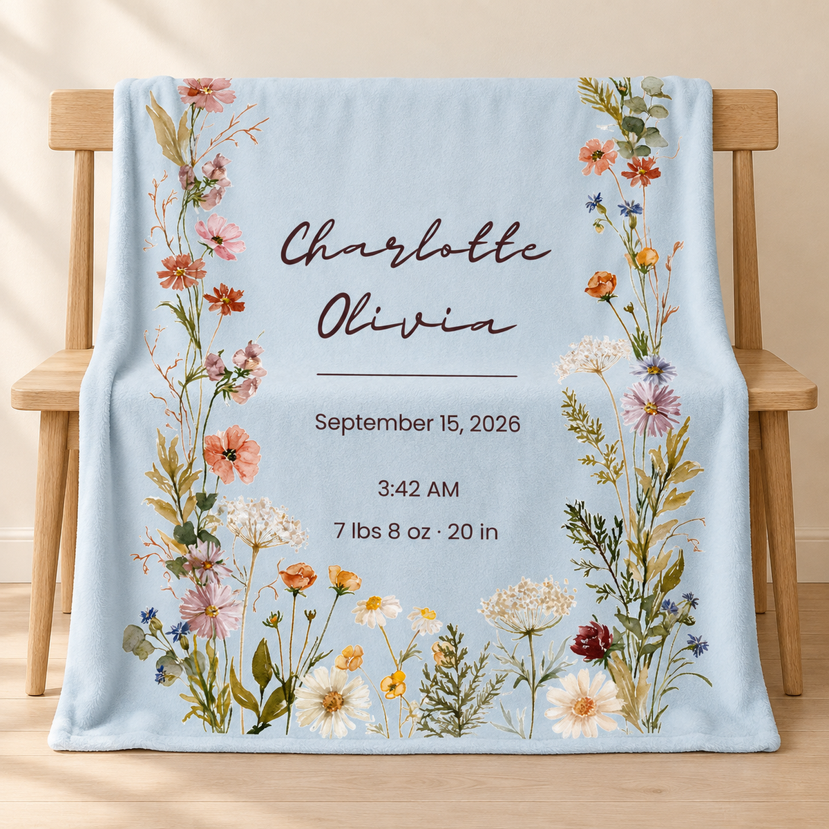 Personalized Wildflower Baby Blanket – Prairie Meadow Birth Stats Design