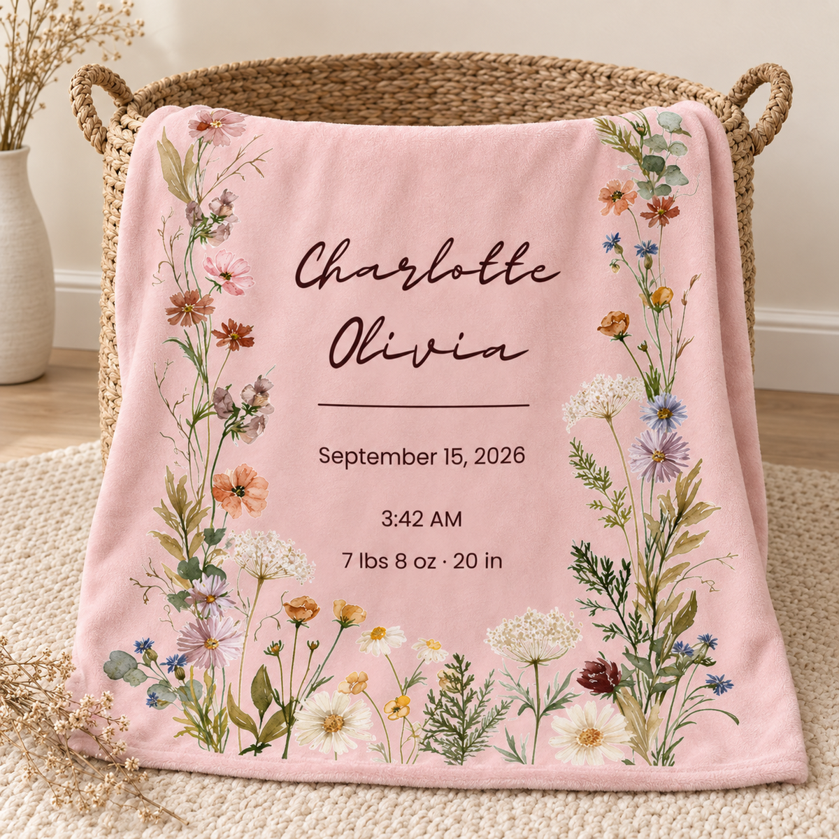 Personalized Wildflower Baby Blanket – Prairie Meadow Birth Stats Design