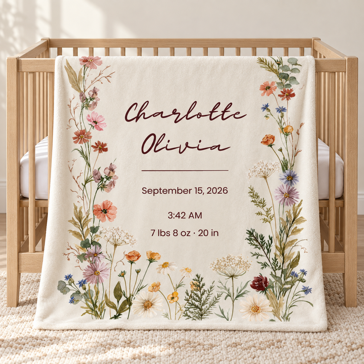 Personalized Wildflower Baby Blanket – Prairie Meadow Birth Stats Design