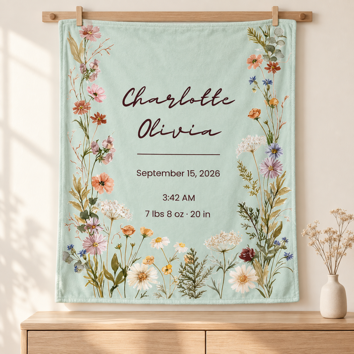 Personalized Wildflower Baby Blanket – Prairie Meadow Birth Stats Design