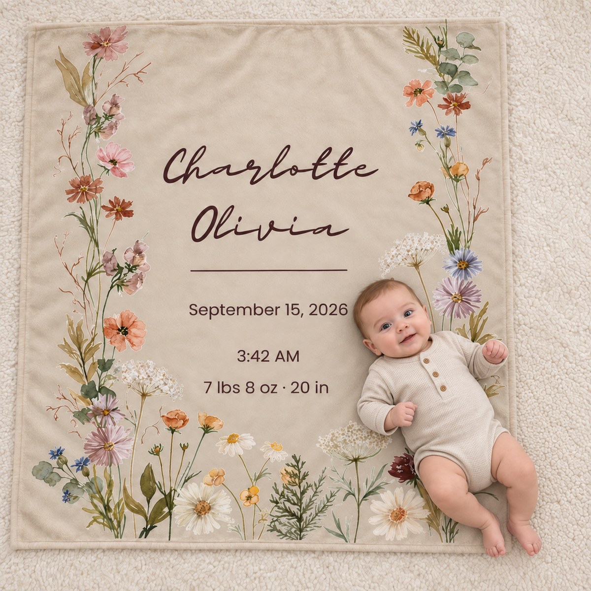 Personalized Wildflower Baby Blanket – Prairie Meadow Birth Stats Design