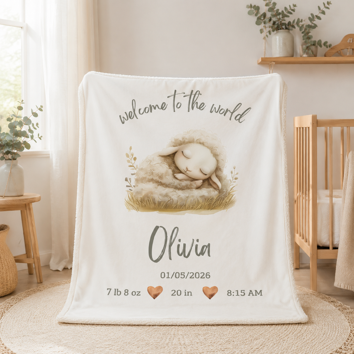 A personalized baby blanket draped over a stand in a softly lit nursery. The blanket is cream-colored with a printed illustration of a sleeping lamb and the text 'welcome to the world', the name 'Olivia', and birth details including date, weight, size, and time.
