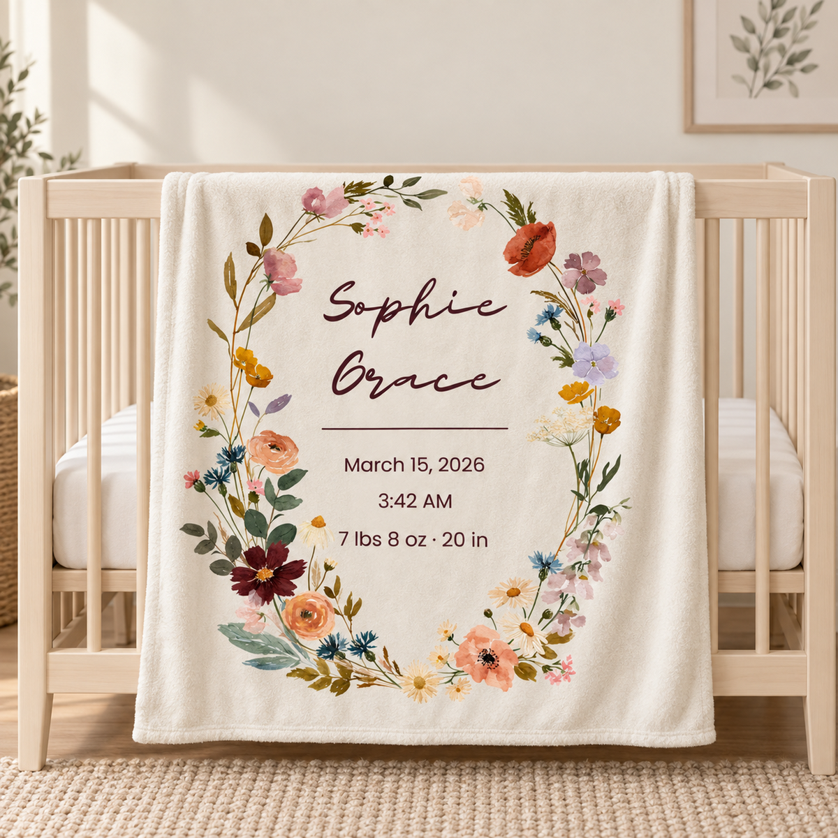 Personalized Wildflower Baby Blanket – Summer Wildflower Birth Stats Design