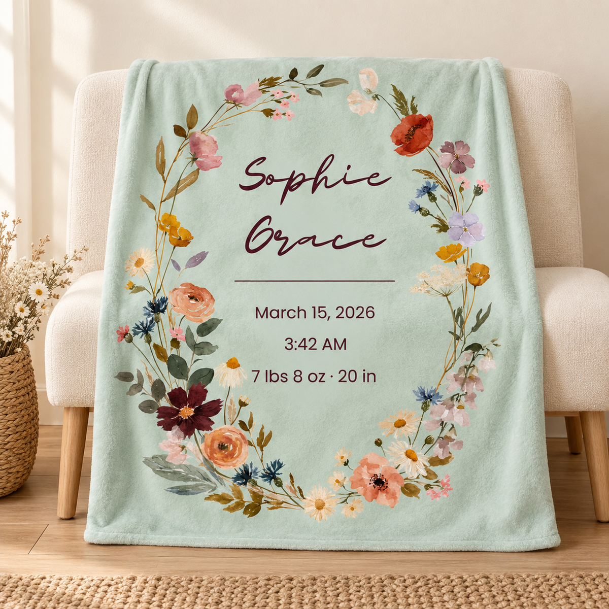 Personalized Wildflower Baby Blanket – Summer Wildflower Birth Stats Design