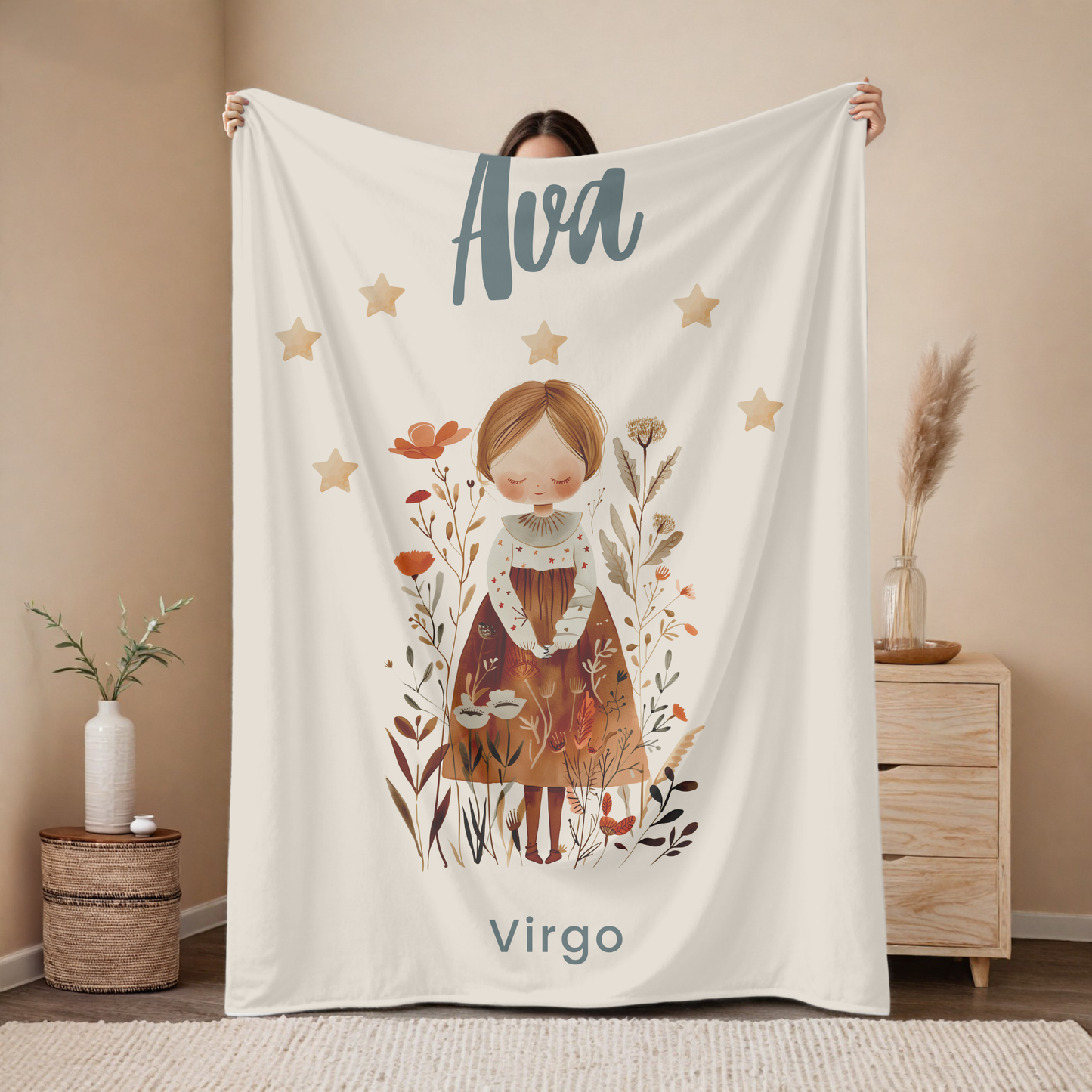 Personalized Virgo zodiac baby blanket with custom name, astrology baby gift for newborn