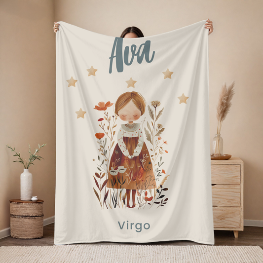 Personalized Virgo zodiac baby blanket with custom name, astrology baby gift for newborn
