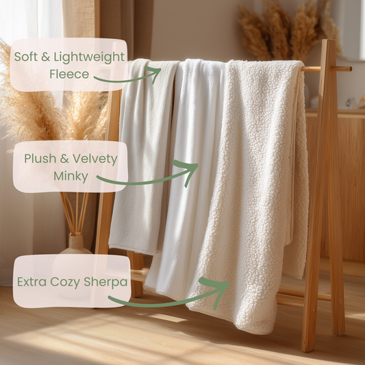 Beige blanket draped over a wooden chair with text labels on softness and texture