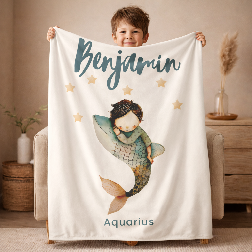 Aquarius zodiac baby blanket styled in nursery as personalized newborn and toddler gift