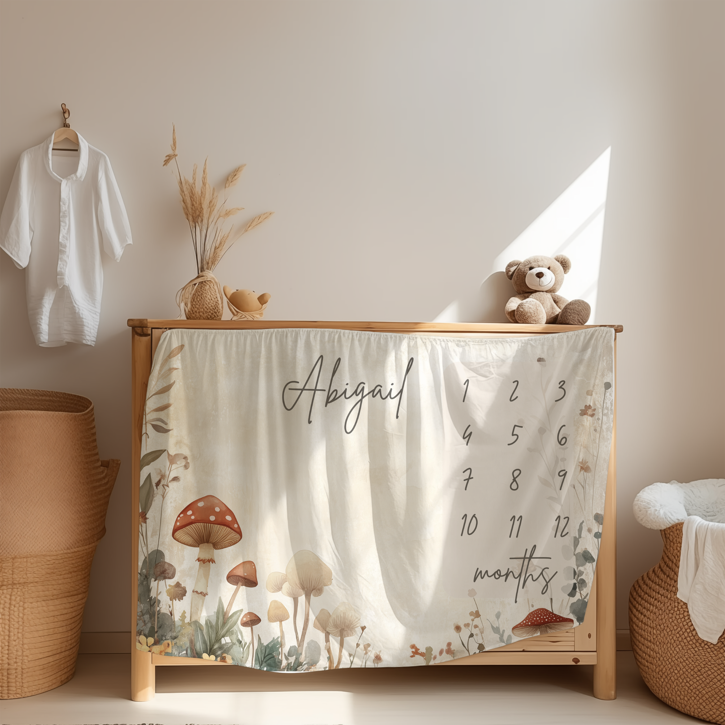 Personalized Milestone Blanket – Boho Mushrooms