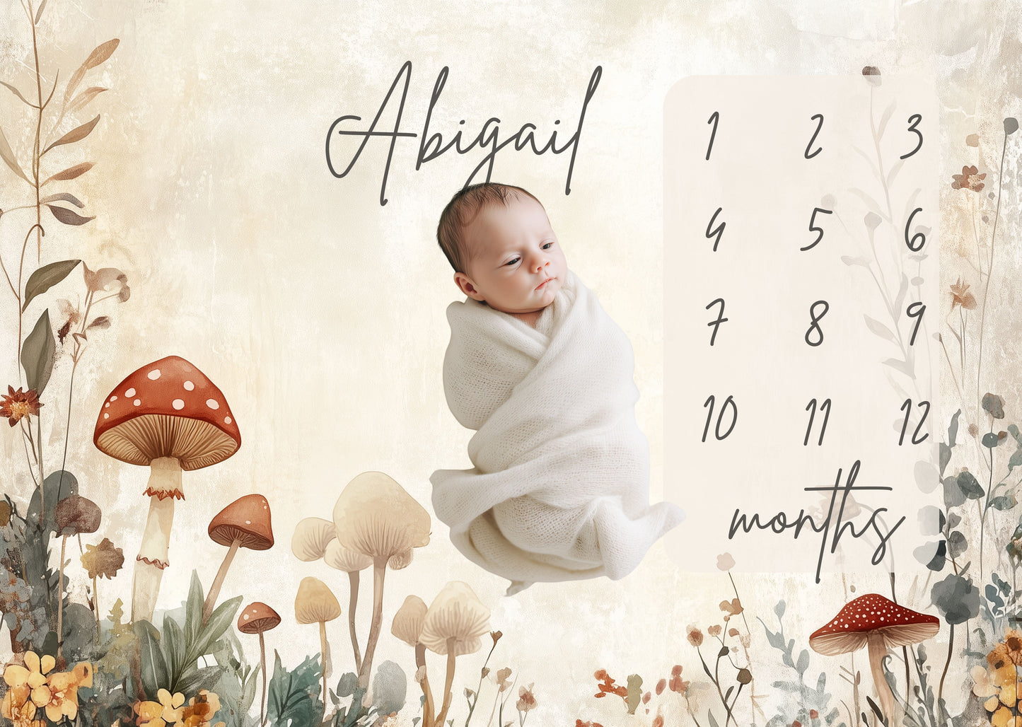 Personalized Milestone Blanket – Boho Mushrooms