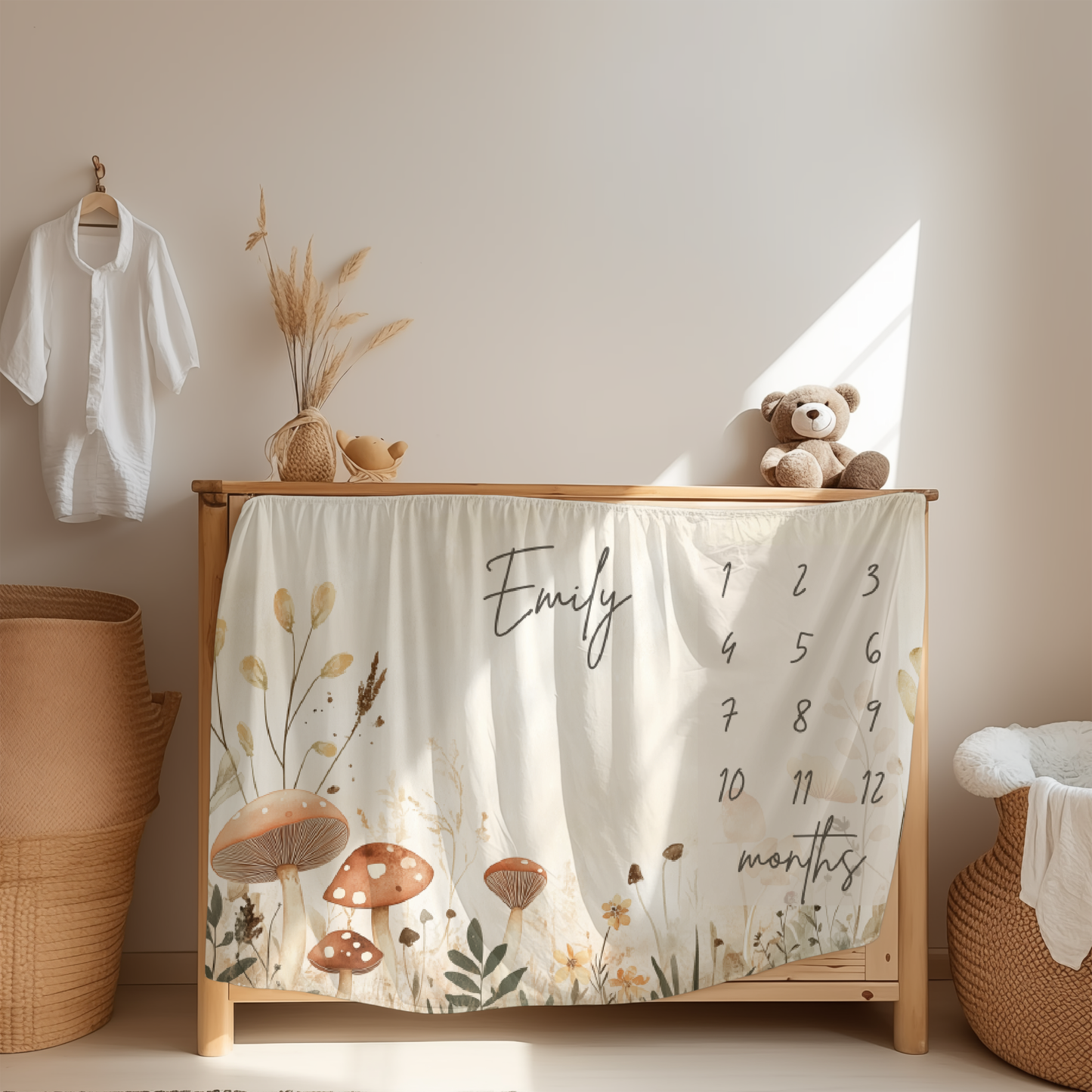 Personalized Milestone Blanket – Boho Mushrooms