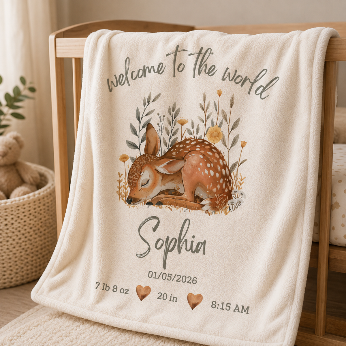 A personalized newborn blanket draped over a wooden crib, featuring a watercolor illustration of a sleeping deer surrounded by wildflowers, with the text 'welcome to the world', the name 'Sophia', and birth details.