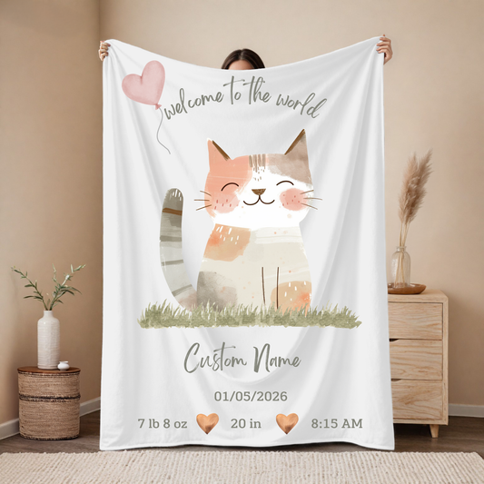 Personalized Birth Blanket with Cute Kitten – Baby Name, Birth Date, Time, Weight & Length