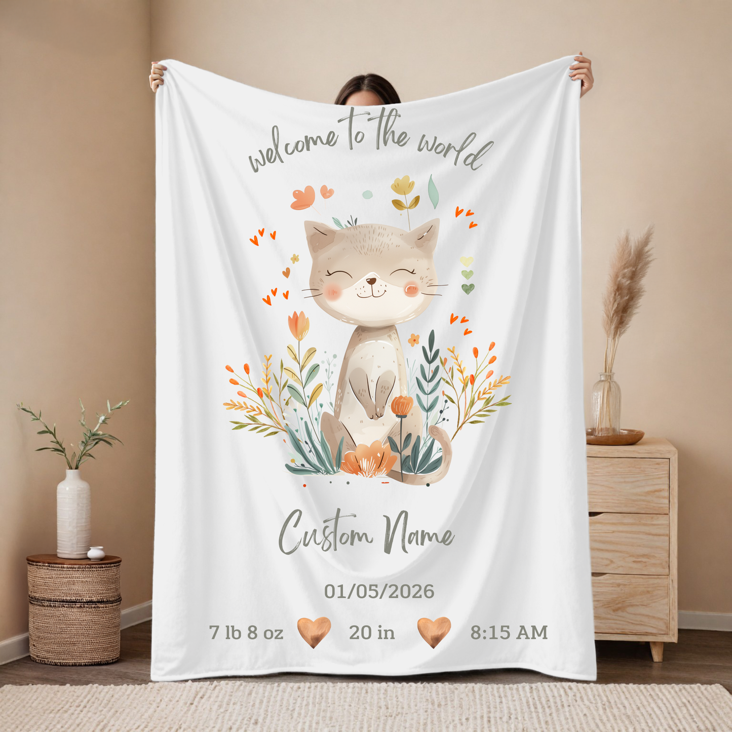 Personalized Birth Blanket with Cute Kitten and Flowers – Baby Name, Birth Date, Time, Weight & Length