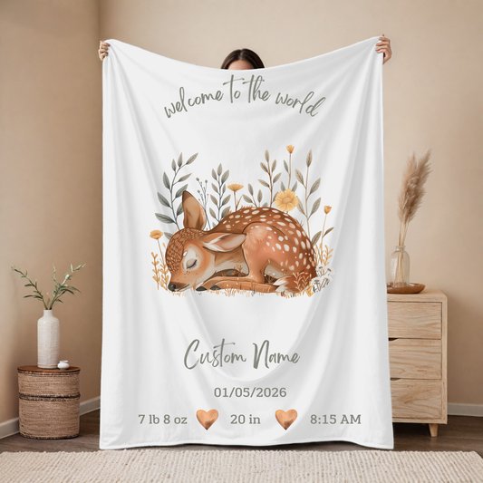 Personalized Birth Blanket with Gentle Sleeping Deer – Baby Name, Birth Date, Time, Weight & Length