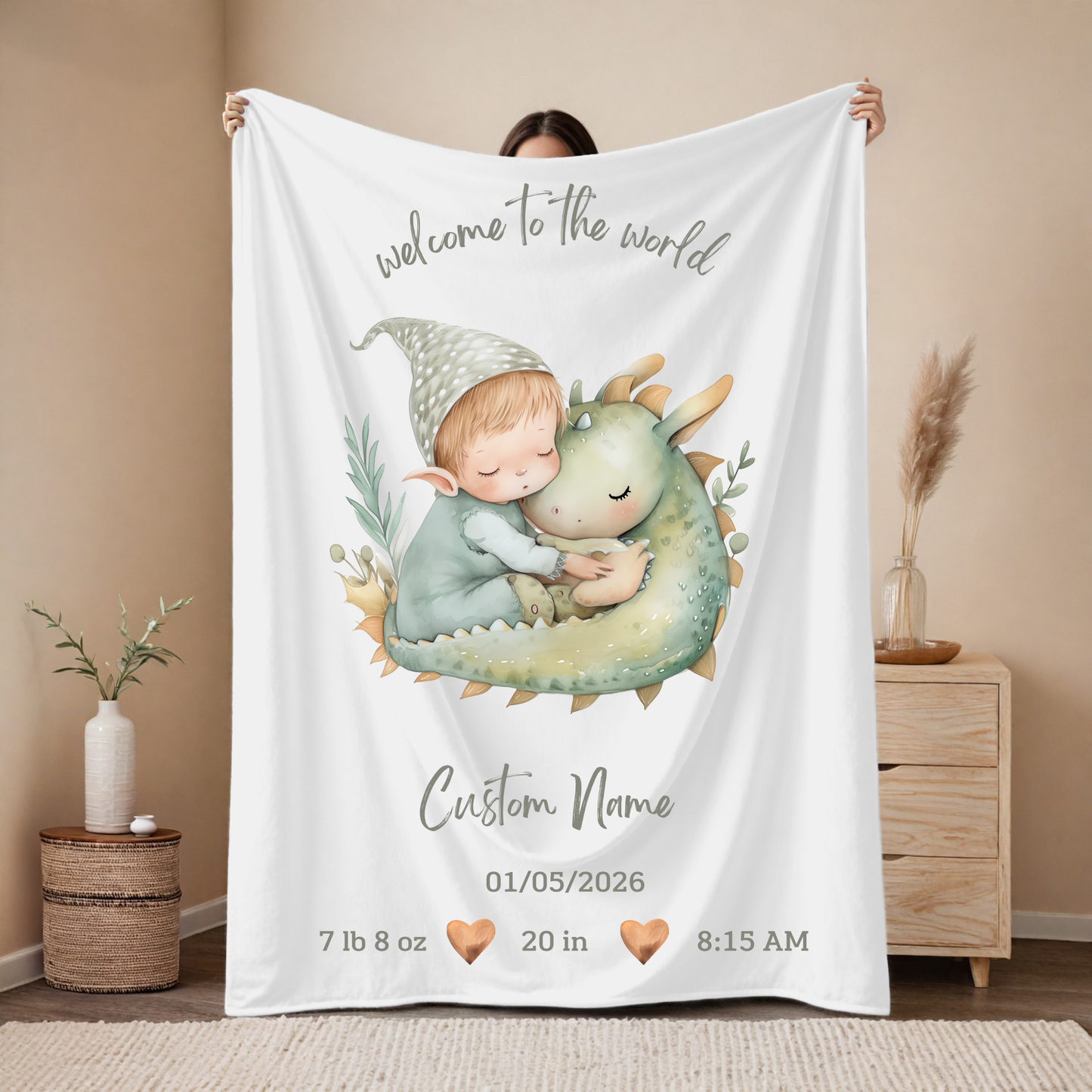 Personalized Birth Blanket with Cute Dino and Baby green – Baby Name, Birth Date, Time, Weight & Length