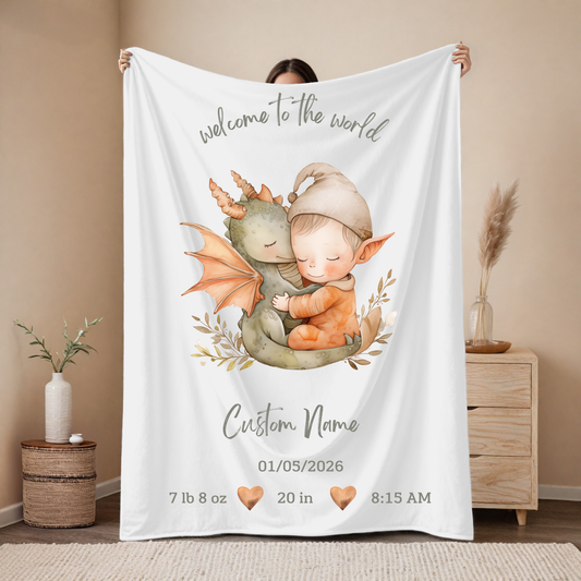 Personalized Birth Blanket with Cute Dino and Baby orange – Baby Name, Birth Date, Time, Weight & Length