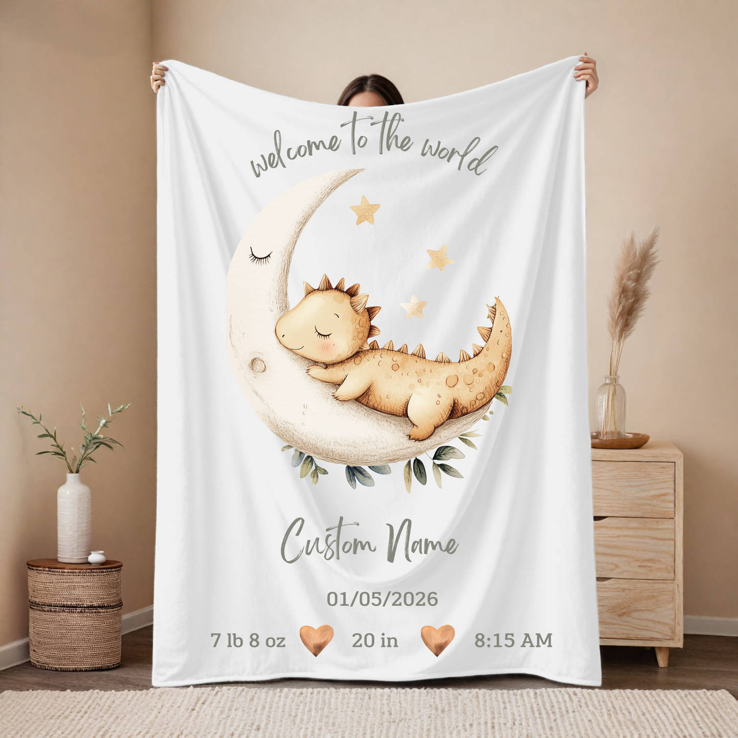 Personalized Birth Blanket with Cute Dino and Moon – Baby Name, Birth Date, Time, Weight & Length