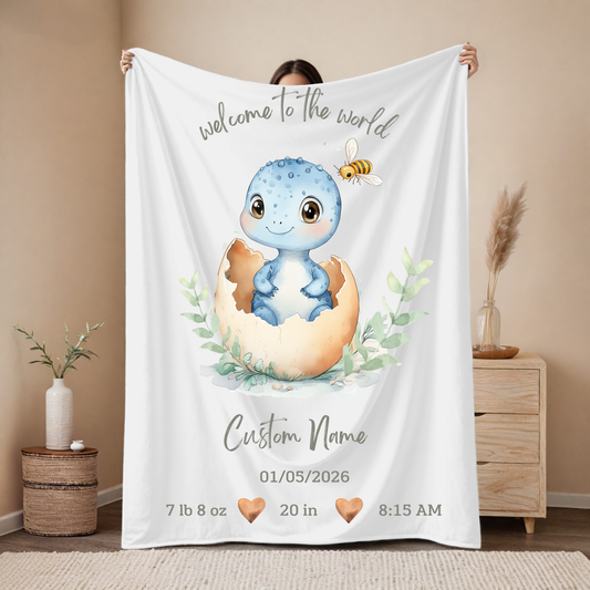 Personalized Birth Blanket Featuring a Cute Baby Dino Hatching from an Egg – Baby Name, Birth Date, Time, Weight & Length