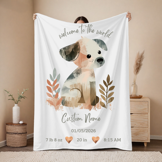 Personalized Birth Blanket with Cute Dog – Baby Name, Birth Date, Time, Weight & Length