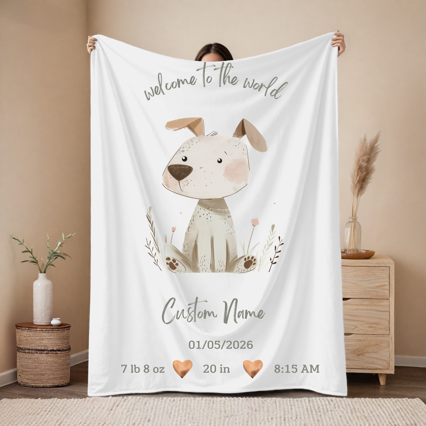 Personalized Birth Blanket with Sweet Puppy – Baby Name, Birth Date, Time, Weight & Length