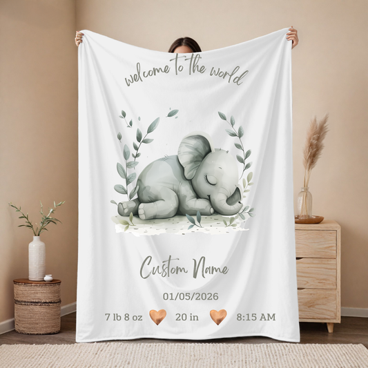 Personalized Birth Blanket with Gentle Sleeping Baby Elephant – Baby Name, Birth Date, Time, Weight & Length