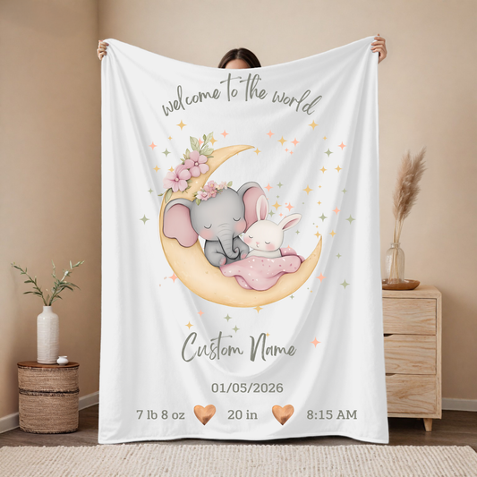 Personalized Birth Blanket with Gentle Sleeping Baby Elephant and Bunny on a Crescent Moon – Baby Name, Birth Date, Time, Weight & Length