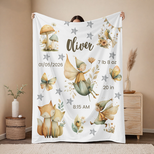 Personalized Birth Blanket with Whimsical Woodland Fairies - Forest Fox Edition - Baby Name, Birth Date, Time, Weight & Length