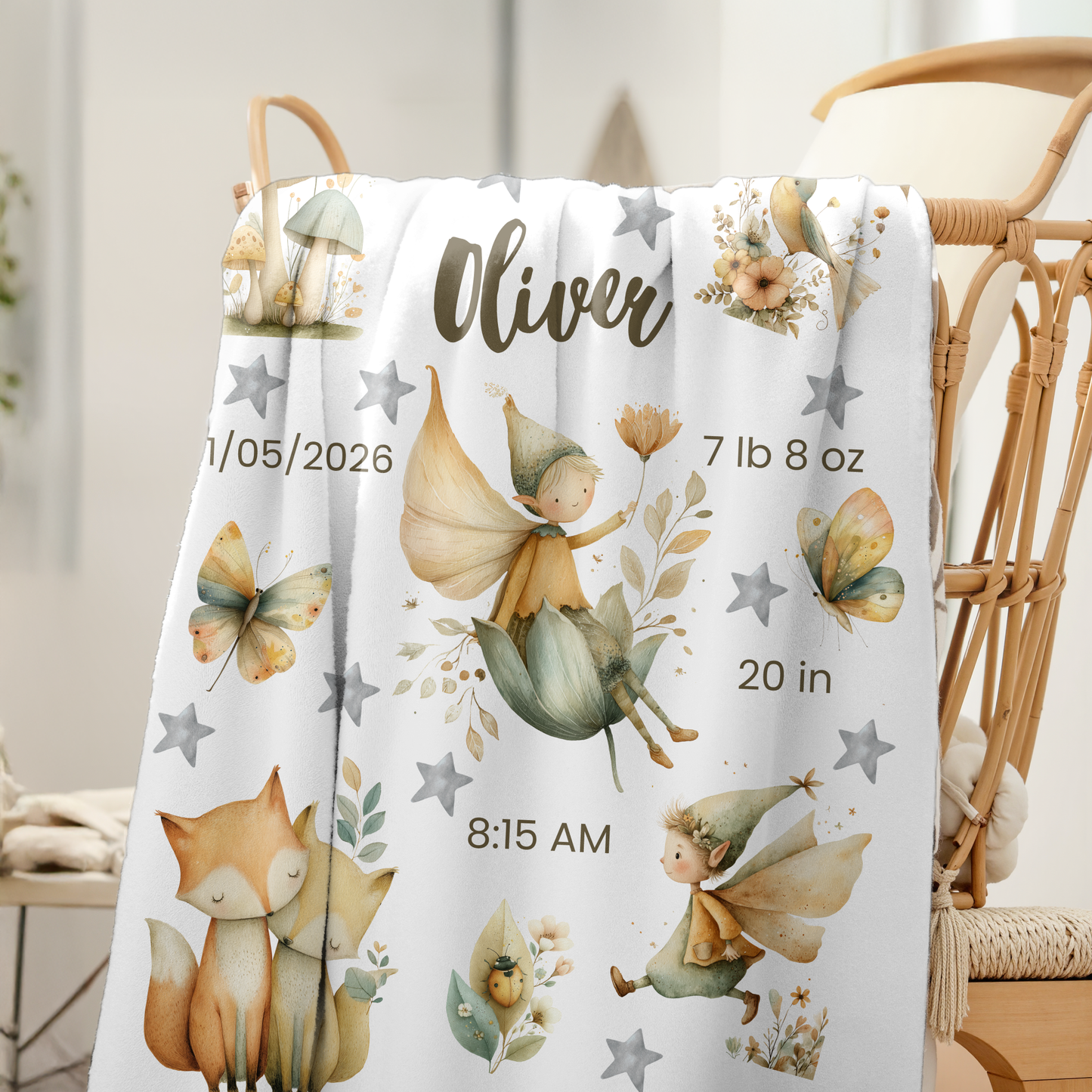 Personalized Birth Blanket with Whimsical Woodland Fairies - Forest Fox Edition - Baby Name, Birth Date, Time, Weight & Length