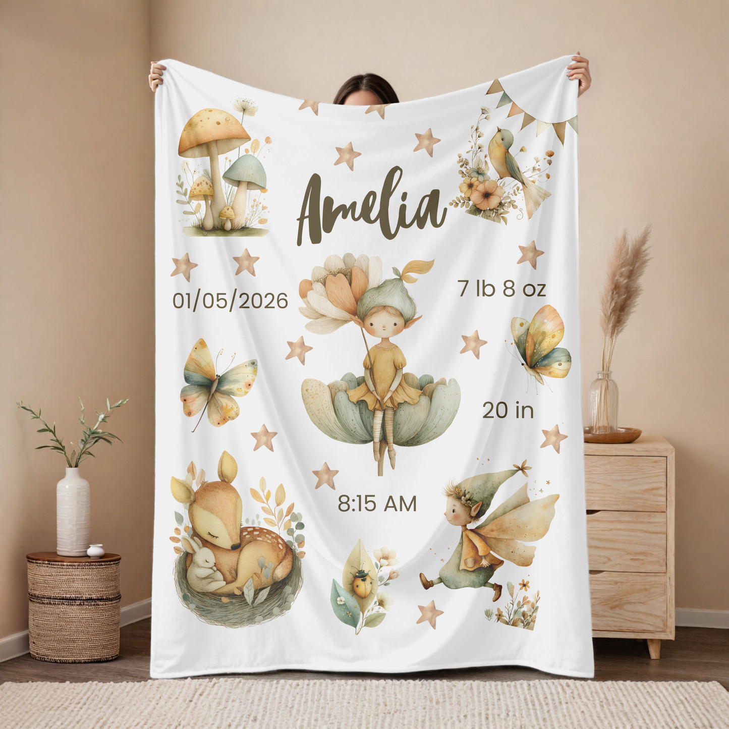 Personalized Birth Blanket with Whimsical Woodland Fairies - Meadow Deer Edition - Baby Name, Birth Date, Time, Weight & Length