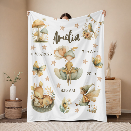Personalized Birth Blanket with Whimsical Woodland Fairies - Meadow Deer Edition - Baby Name, Birth Date, Time, Weight & Length