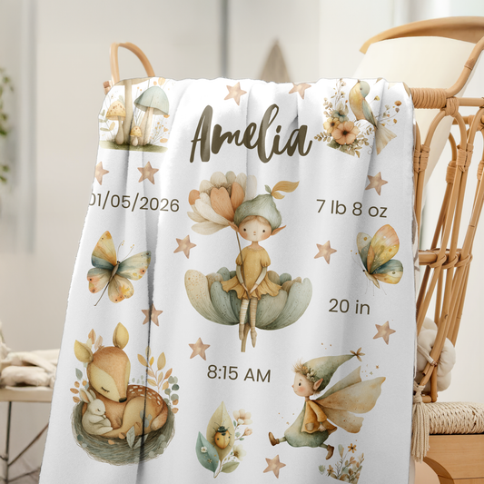 Personalized Birth Blanket with Whimsical Woodland Fairies - Meadow Deer Edition - Baby Name, Birth Date, Time, Weight & Length