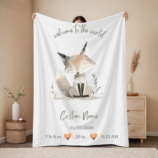 Personalized Birth Blanket with Sweet Baby Fox – Baby Name, Birth Date, Time, Weight & Length