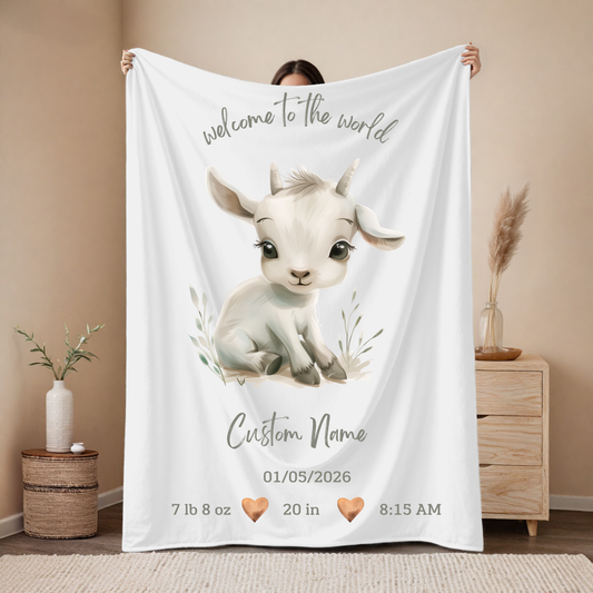 Personalized Birth Blanket with Sweet Baby Goat – Baby Name, Birth Date, Time, Weight & Length